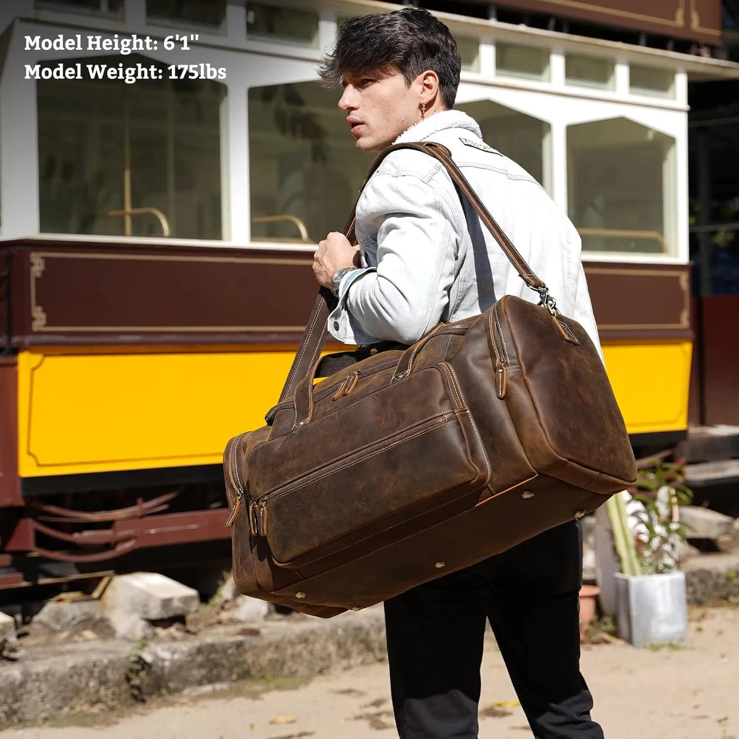 Polare 26" Full Grain Cowhide Leather Gym Duffle Weekender Overnight Travel Duffel Bag For Men 62L