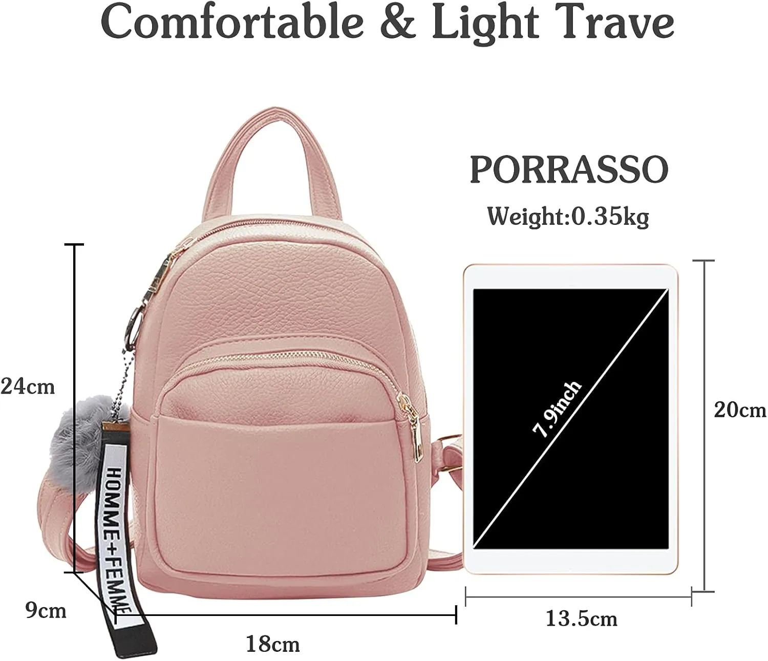PORRASSO Fashion Mini Backpack Ladies Daypack Small Rucksack with Pompom Women PU Leather Backpack Purse for Travel Dating Shopping Pink