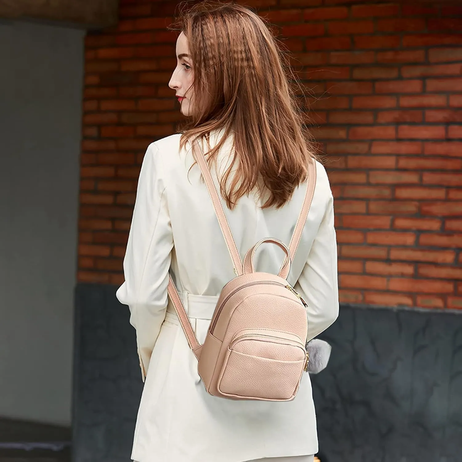 PORRASSO Fashion Mini Backpack Ladies Daypack Small Rucksack with Pompom Women PU Leather Backpack Purse for Travel Dating Shopping Pink