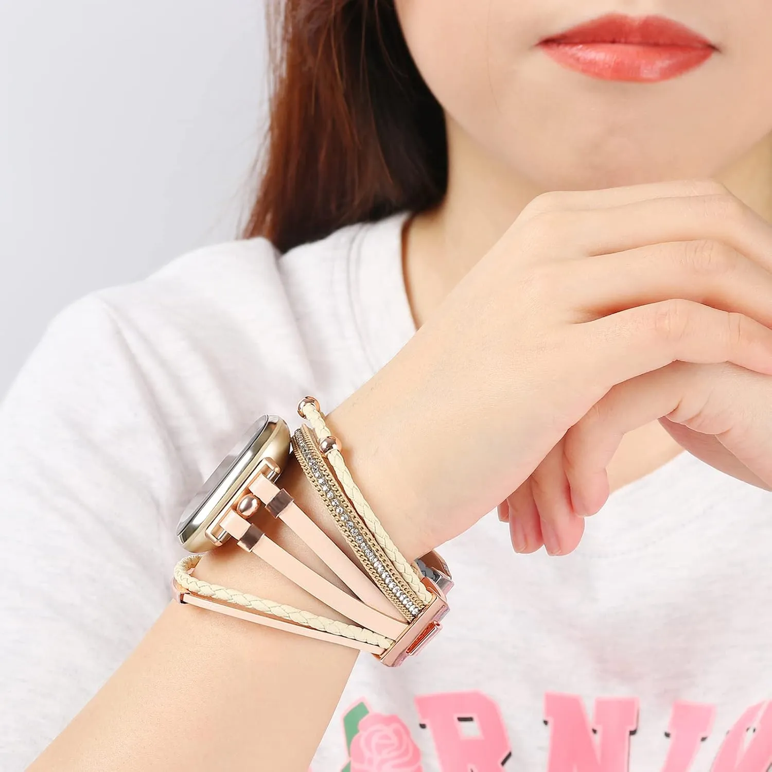 Posh Leather Bands Compatible with Fitbit Versa 3/Fitbit Sense, Women Boho Stylish Multilayer Wrap Bracelets Wristband, Handmade Adjustable Jewelry Strap for Sense/Versa 3 Smart Watch