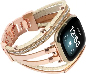 Posh Leather Bands Compatible with Fitbit Versa 3/Fitbit Sense, Women Boho Stylish Multilayer Wrap Bracelets Wristband, Handmade Adjustable Jewelry Strap for Sense/Versa 3 Smart Watch