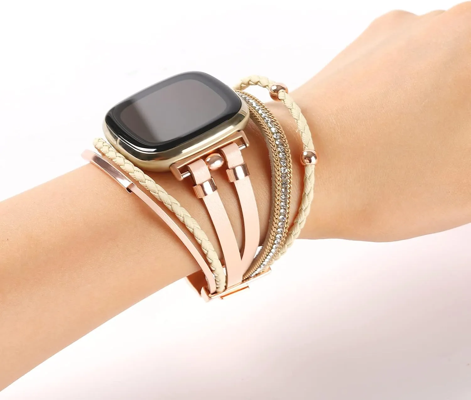 Posh Leather Bands Compatible with Fitbit Versa 3/Fitbit Sense, Women Boho Stylish Multilayer Wrap Bracelets Wristband, Handmade Adjustable Jewelry Strap for Sense/Versa 3 Smart Watch