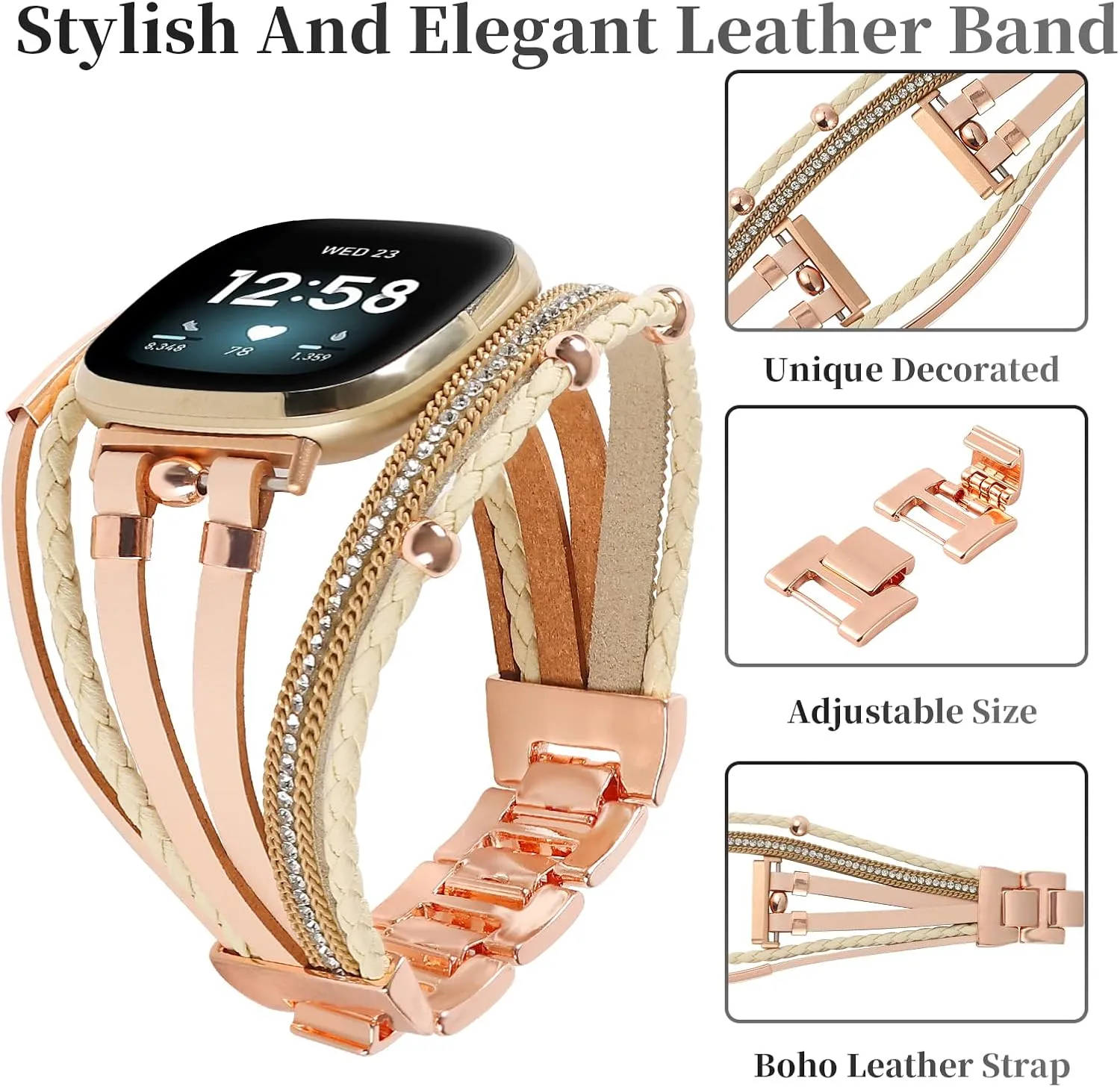 Posh Leather Bands Compatible with Fitbit Versa 3/Fitbit Sense, Women Boho Stylish Multilayer Wrap Bracelets Wristband, Handmade Adjustable Jewelry Strap for Sense/Versa 3 Smart Watch