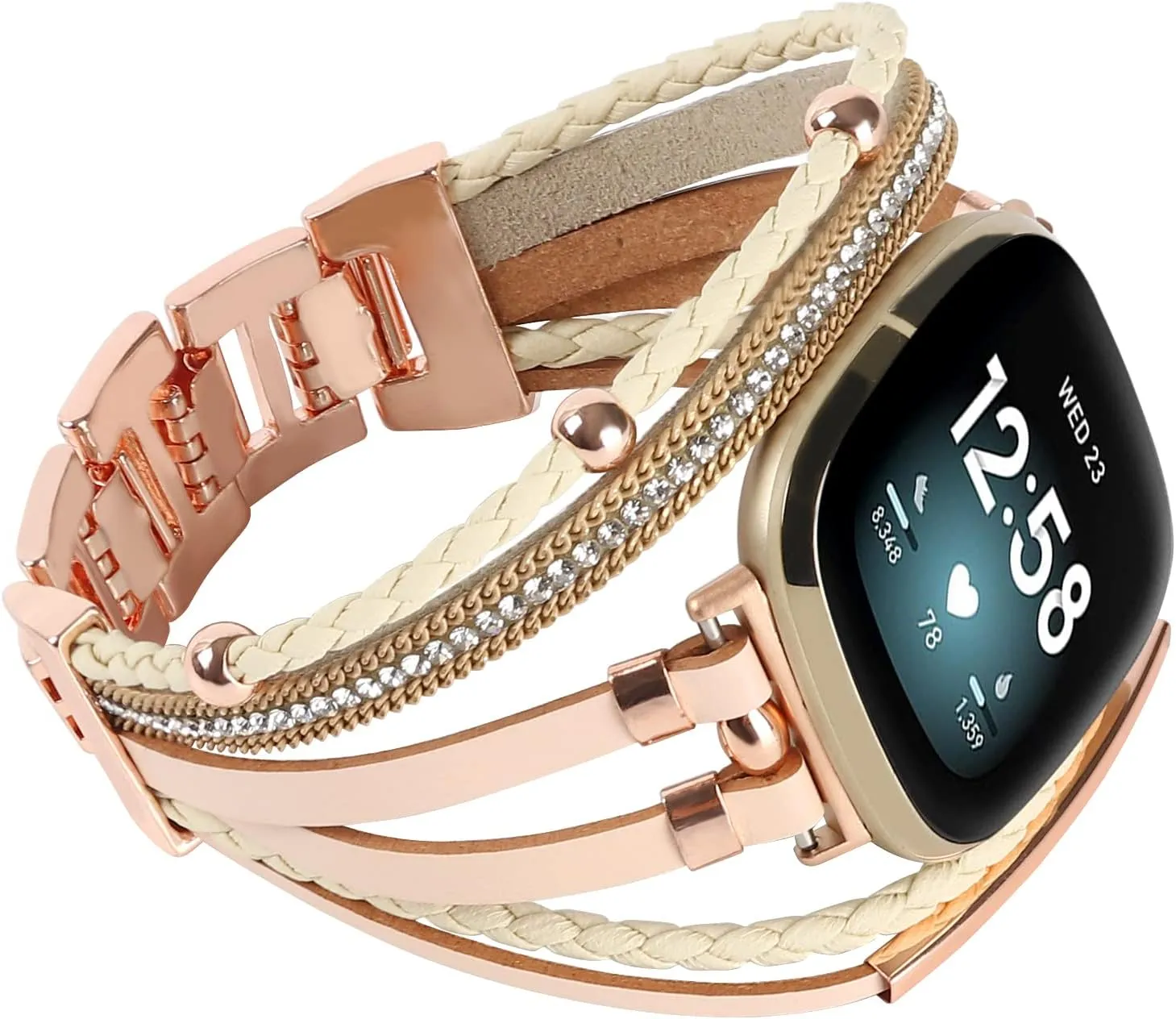 Posh Leather Bands Compatible with Fitbit Versa 3/Fitbit Sense, Women Boho Stylish Multilayer Wrap Bracelets Wristband, Handmade Adjustable Jewelry Strap for Sense/Versa 3 Smart Watch