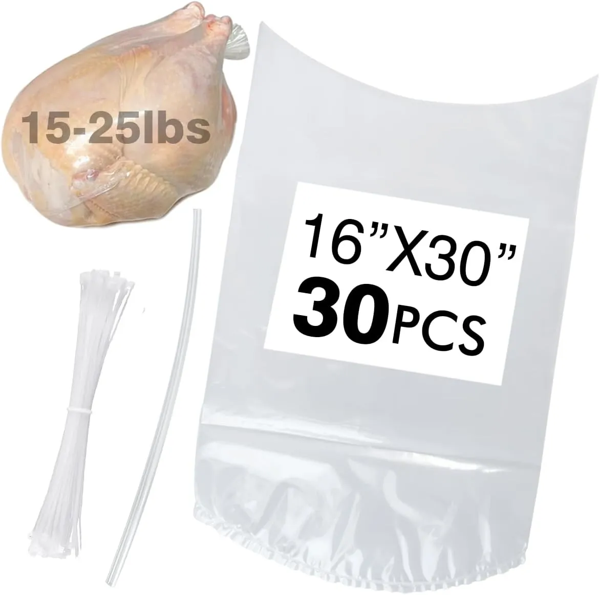 Poultry Shrink Bags, Chicken Bags, 30 Pack (16x30 inches) Clear Poultry Shrink Wrap Freezer with 30 Zippers, Silicone Straws for Chickens, Rabbits