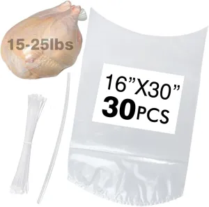 Poultry Shrink Bags, Chicken Bags, 30 Pack (16x30 inches) Clear Poultry Shrink Wrap Freezer with 30 Zippers, Silicone Straws for Chickens, Rabbits
