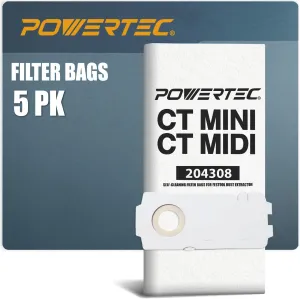 POWERTEC 204308 Selfclean Filter Bag for Festool CT Mini/Midi 5PK, for Festool CT MINI/MIDI, 2/5/CT15 Dust Extractor (from 2019 onwards), CTC MINI/MIDI, Replacement Vacuum Bags, Filter Bags (75085)