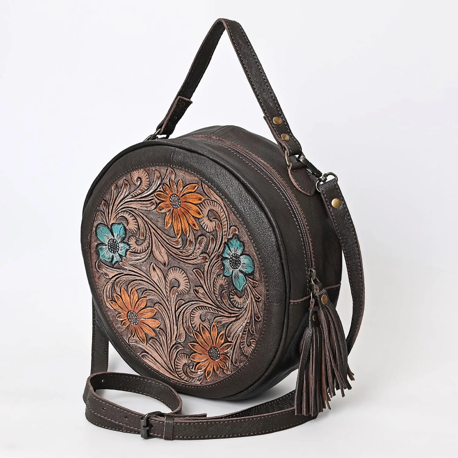 Premium Handtooled Leather Round Western Crossbody Bag Purses For Women