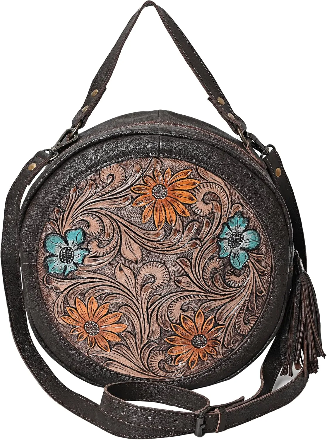Premium Handtooled Leather Round Western Crossbody Bag Purses For Women