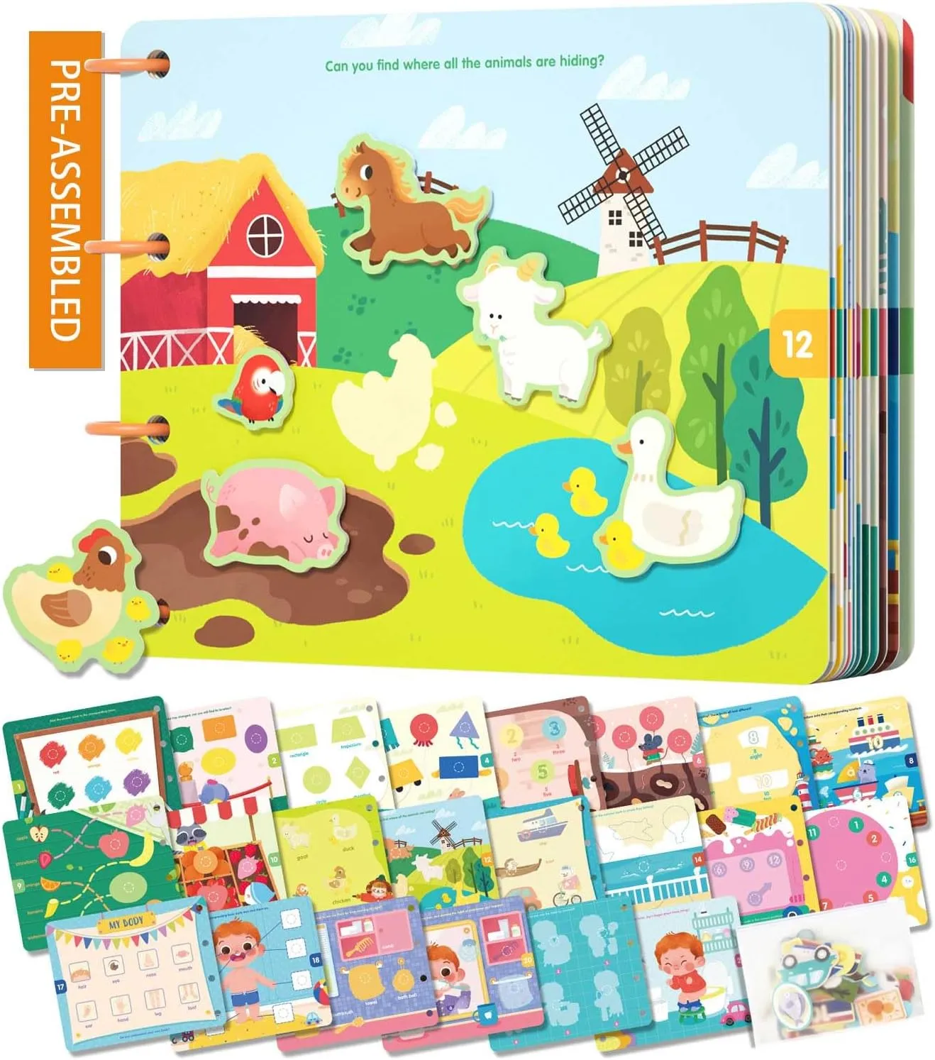 Preschool Busy Book for Toddlers 1-3 Years Old, Pre-Assembled, Learning Activity Sticker Book with 12 Different Theme Pages, Montessori Educational Toy for Kids 3-5