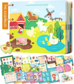Preschool Busy Book for Toddlers 1-3 Years Old, Pre-Assembled, Learning Activity Sticker Book with 12 Different Theme Pages, Montessori Educational Toy for Kids 3-5