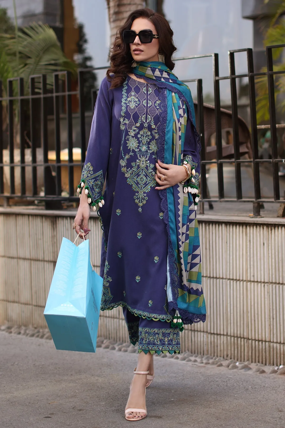 PS4-09 | Unstitched Suit Winter Embroidered Leather With Printed Wool Shawl Poshima By Charizma