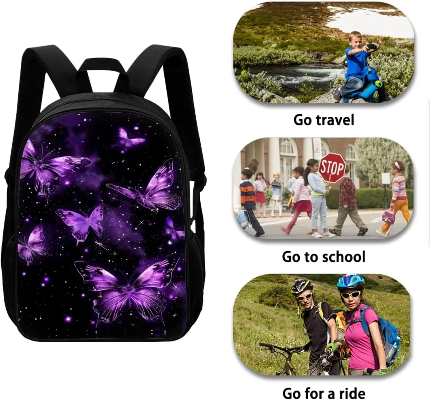 Purple Butterfly Backpack Set for Girls 4-6 Bookbag Teen Boys Backpack 17in Cute Bookbag School Bags with Shoulder Straps Wear Resistant and Lightweight,Easy To Clean