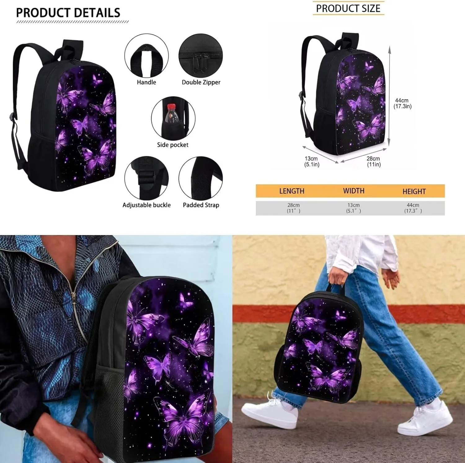 Purple Butterfly Backpack Set for Girls 4-6 Bookbag Teen Boys Backpack 17in Cute Bookbag School Bags with Shoulder Straps Wear Resistant and Lightweight,Easy To Clean