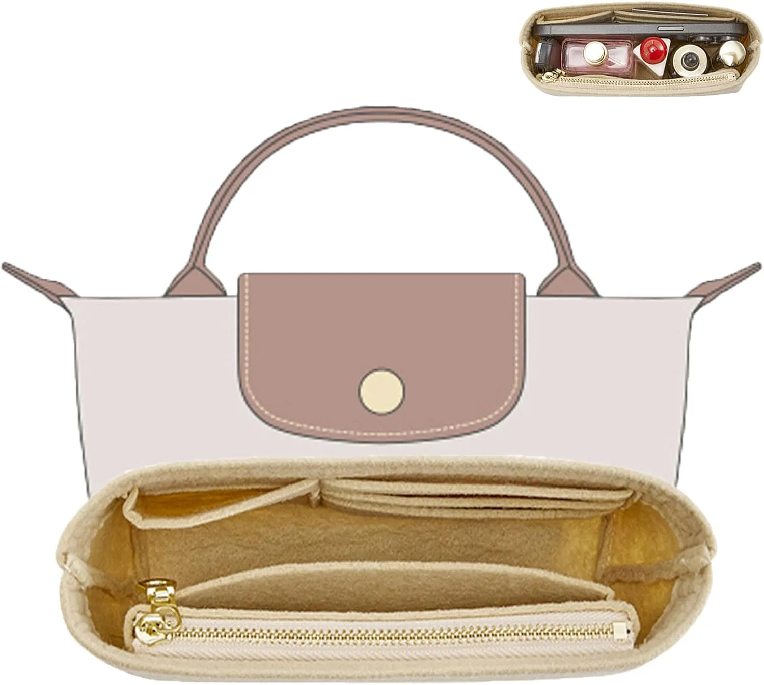 Purse Organizer Insert Compatible with Longchamp Mini Bag and More, Bag Insert for le pliage Original/Green Pouch with Handle/Extra Small Handbag Inner Shaper(Mini, Beige)