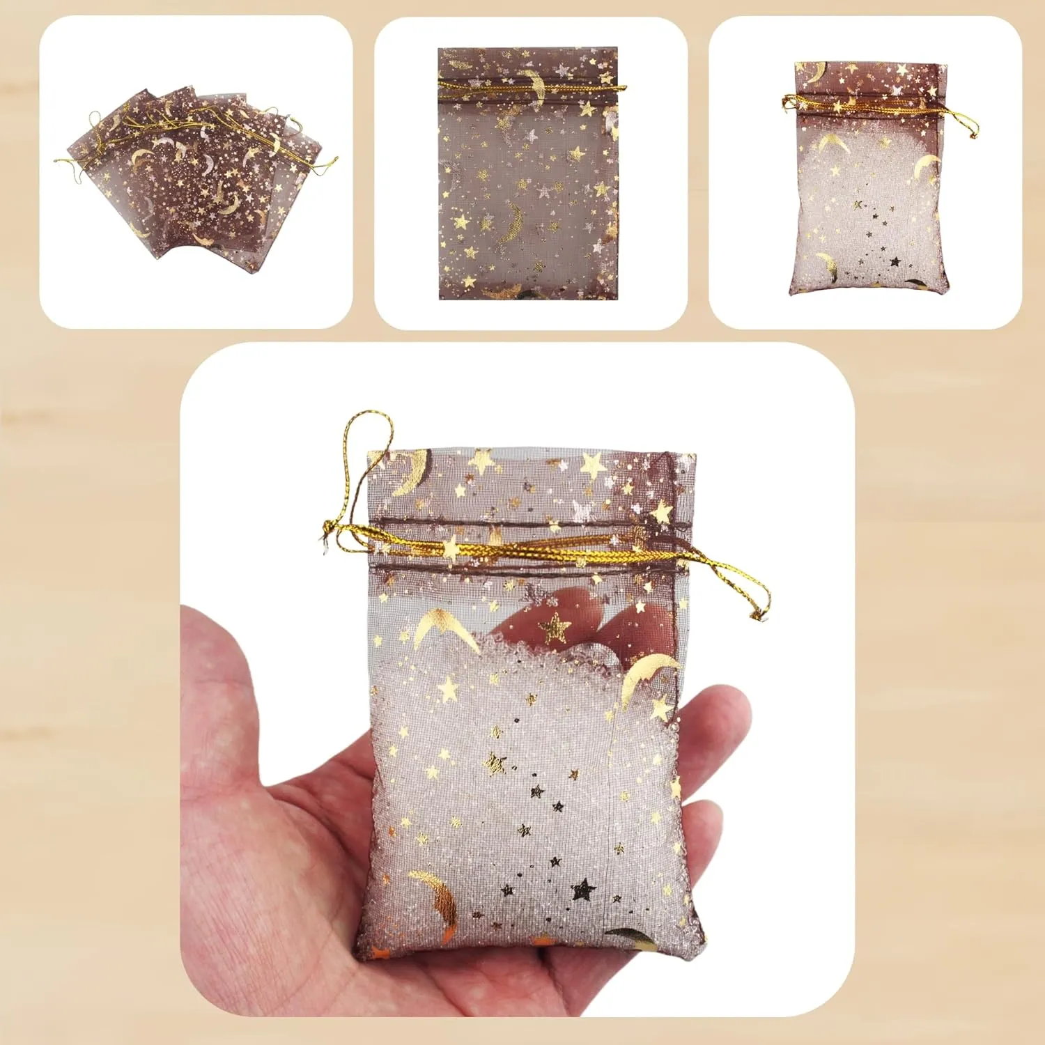 QIANHAILIZZ 100 Pack 3.5 x 4.7 Inch Moon Star Organza Jewelry Gift Pouch Candy Pouch Drawstring Wedding Favor Bags MS9 (coffee)