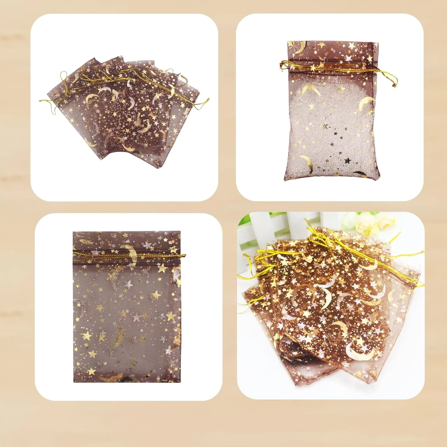 QIANHAILIZZ 100 Pack 3.5 x 4.7 Inch Moon Star Organza Jewelry Gift Pouch Candy Pouch Drawstring Wedding Favor Bags MS9 (coffee)