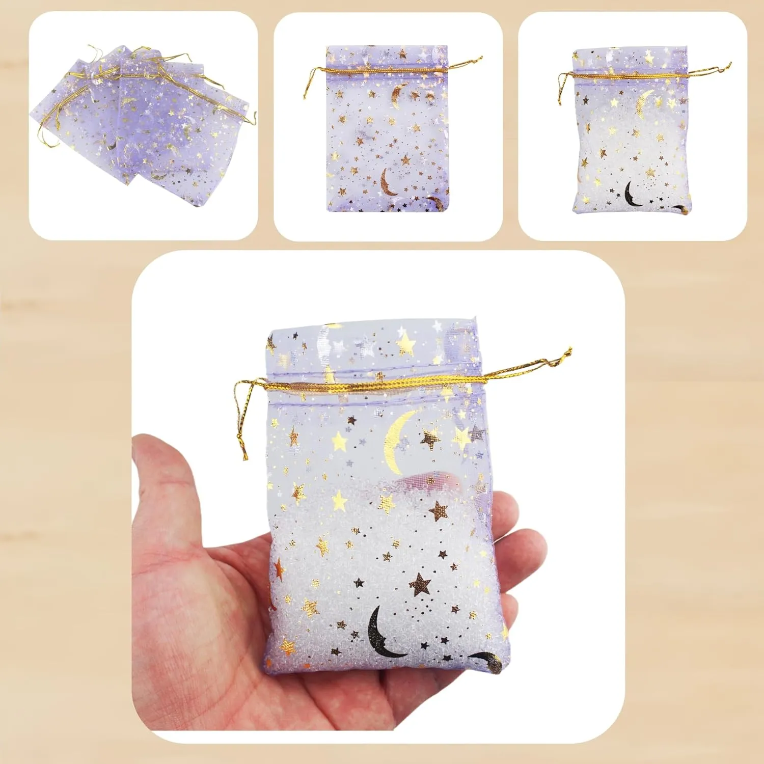 QIANHAILIZZ 100 Pack 3.5 x 4.7 Inch Moon Star Organza Jewelry Gift Pouch Candy Pouch Drawstring Wedding Favor Bags MS9 (lilac)