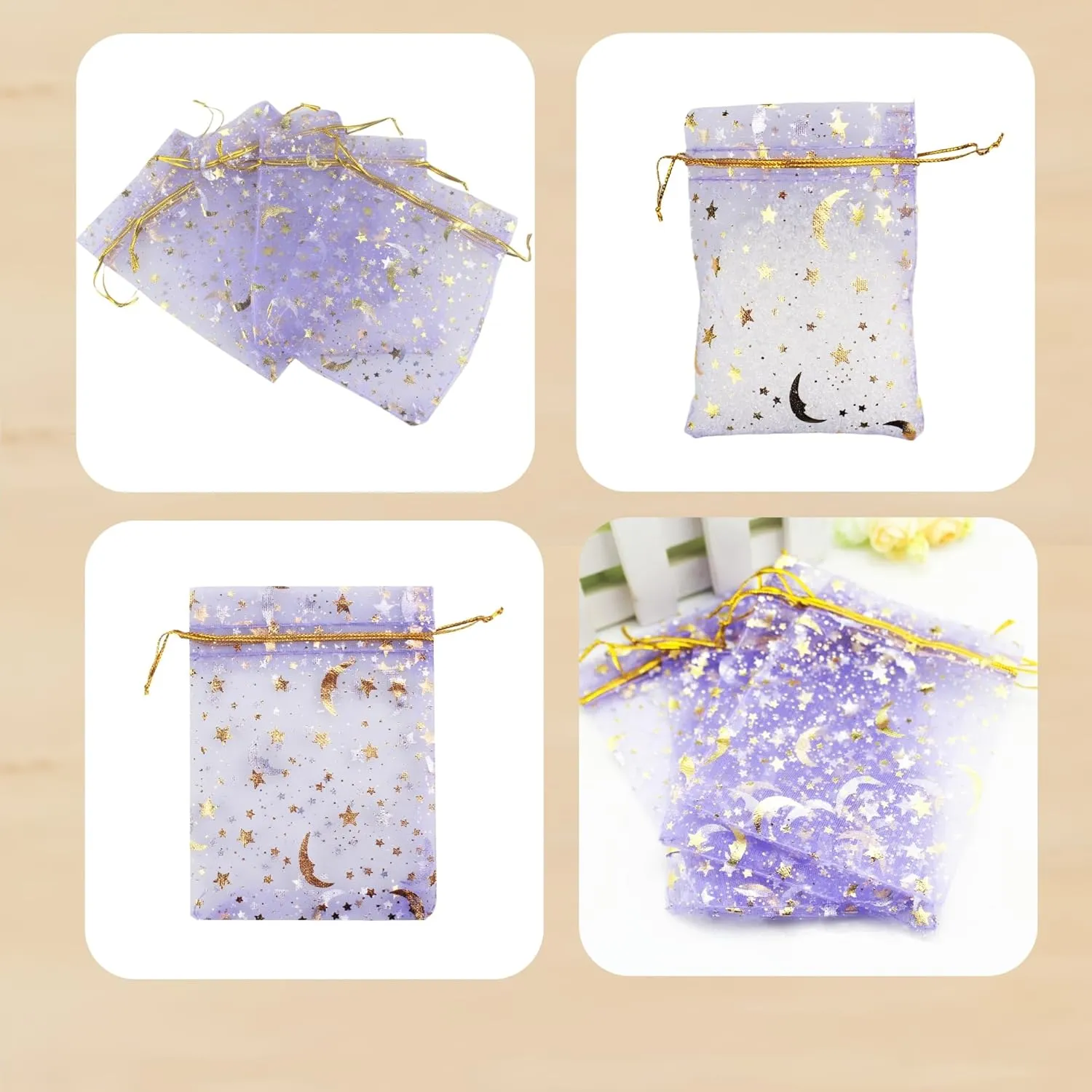 QIANHAILIZZ 100 Pack 3.5 x 4.7 Inch Moon Star Organza Jewelry Gift Pouch Candy Pouch Drawstring Wedding Favor Bags MS9 (lilac)