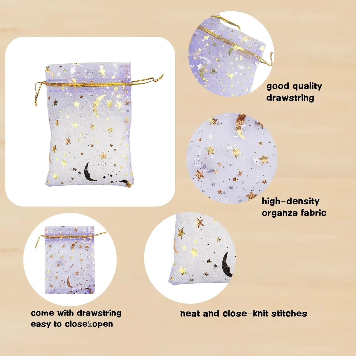 QIANHAILIZZ 100 Pack 3.5 x 4.7 Inch Moon Star Organza Jewelry Gift Pouch Candy Pouch Drawstring Wedding Favor Bags MS9 (lilac)