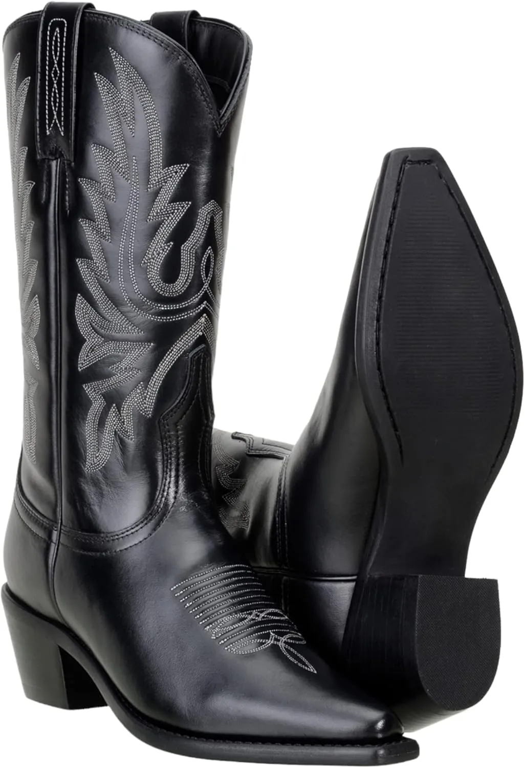 QUEEN USA TEXAS Women's Western Cowboy Pointed Toe Mid Calf Pull On Tabs Leather Boots