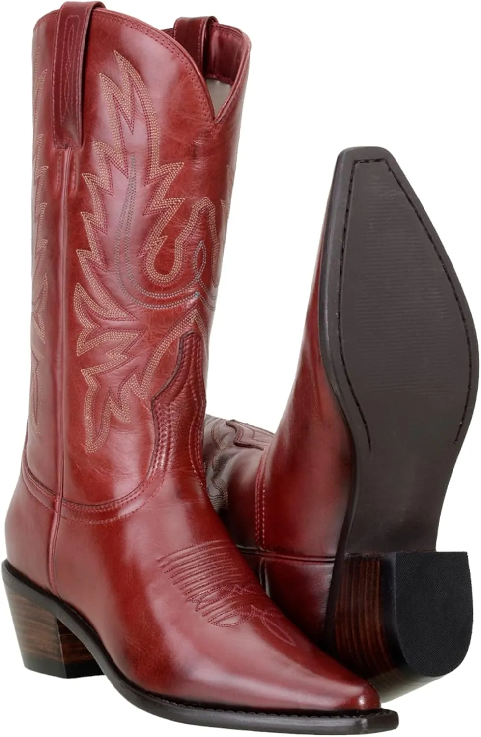 QUEEN USA TEXAS Women's Western Cowboy Pointed Toe Mid Calf Pull On Tabs Leather Boots