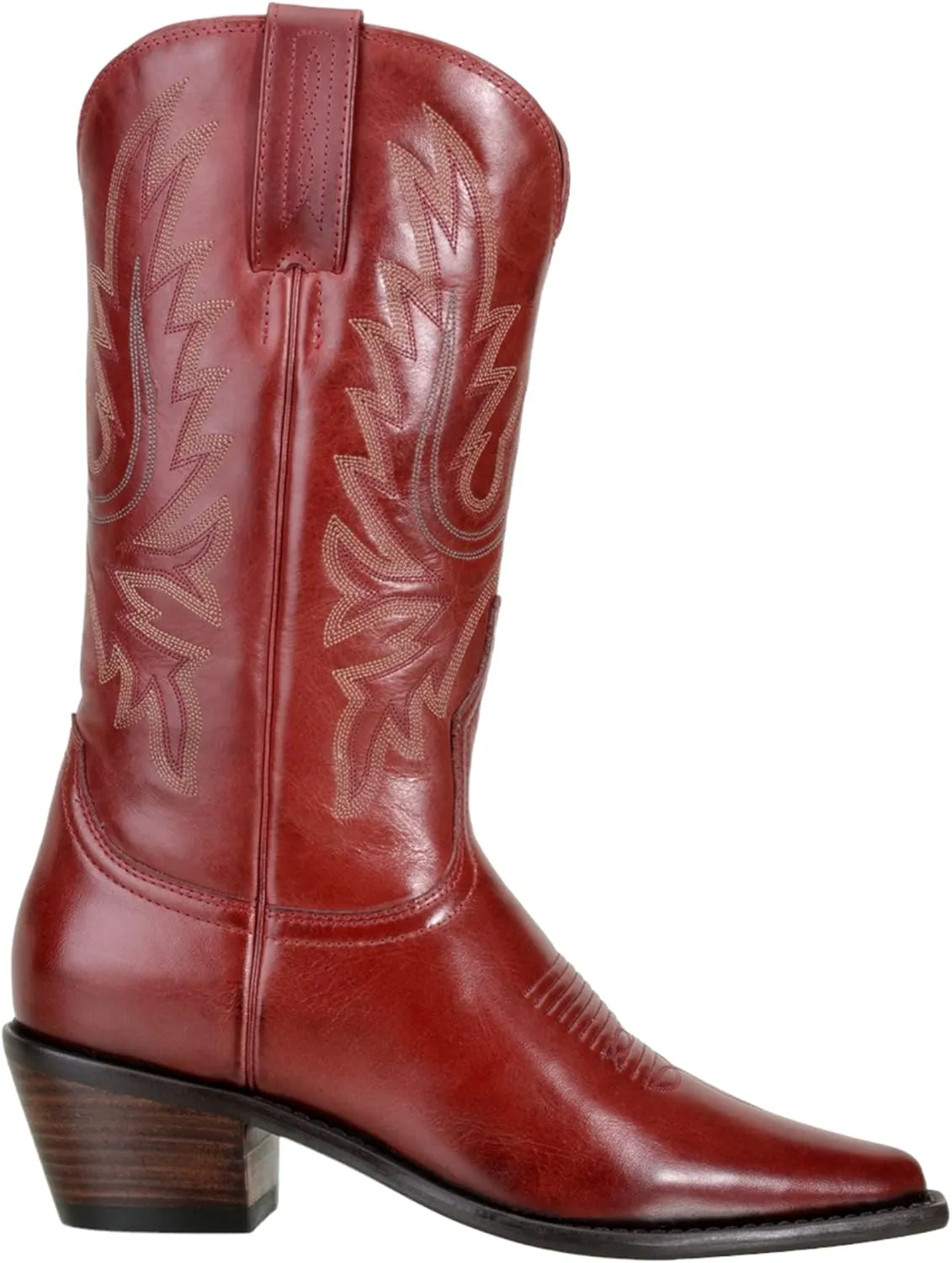 QUEEN USA TEXAS Women's Western Cowboy Pointed Toe Mid Calf Pull On Tabs Leather Boots