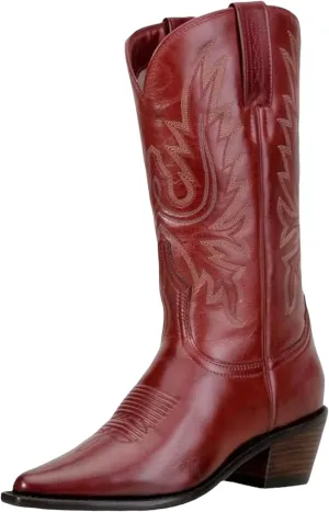 QUEEN USA TEXAS Women's Western Cowboy Pointed Toe Mid Calf Pull On Tabs Leather Boots