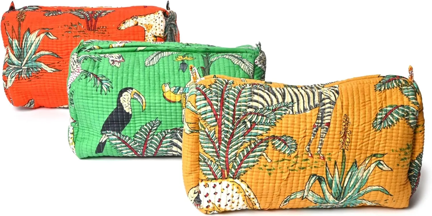 Quilted Cotton Travel Pouch – Handcrafted Cosmetic Bag with Jungle Print