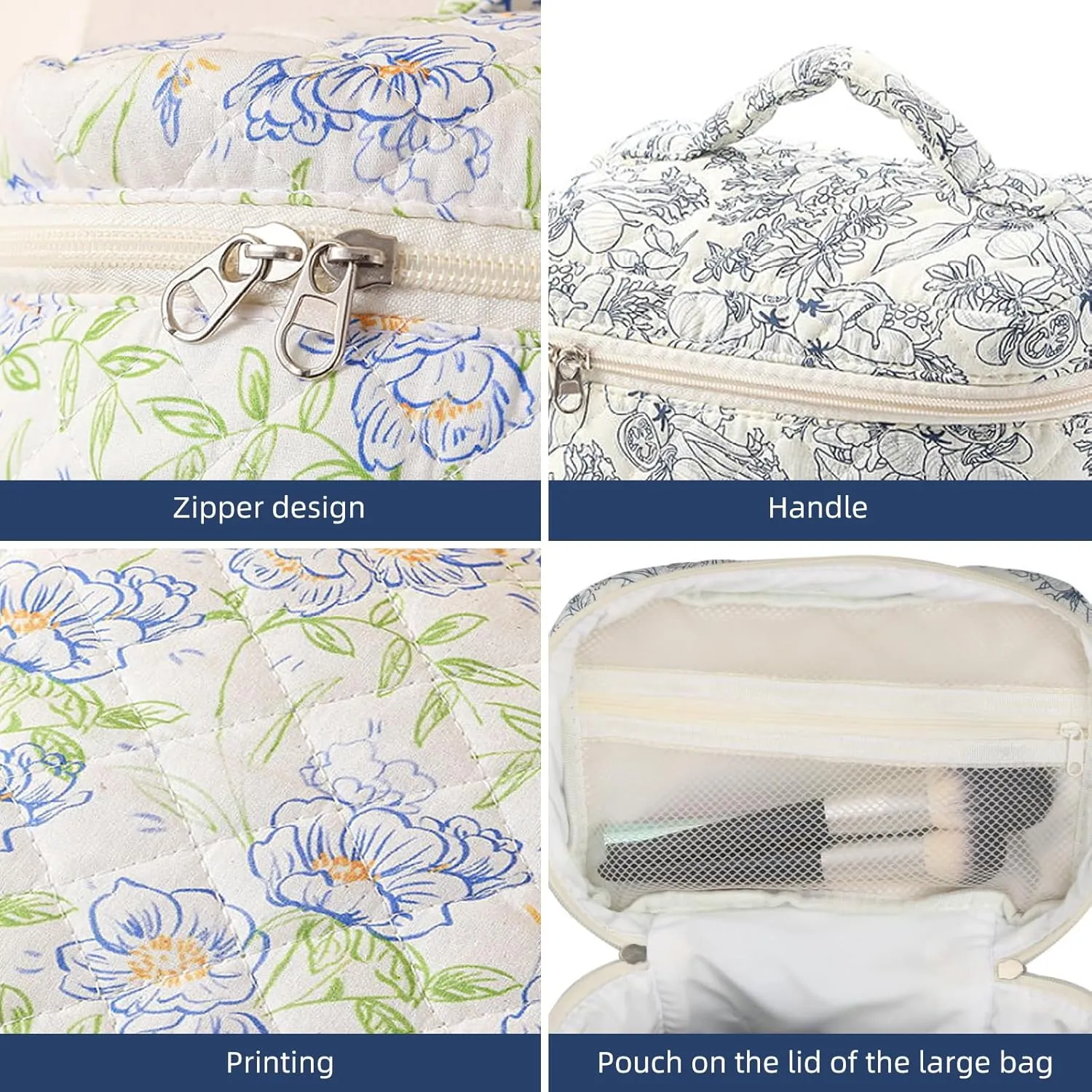 Quilted Floral Makeup Bag 3PCS, Cute Cotton Coquette Aesthetic Travel Toiletry Bag, Zipper Cosmetic Pouch, Daily Travel Use Skincare Bag, Large Capacity (Sapphire Bloom)