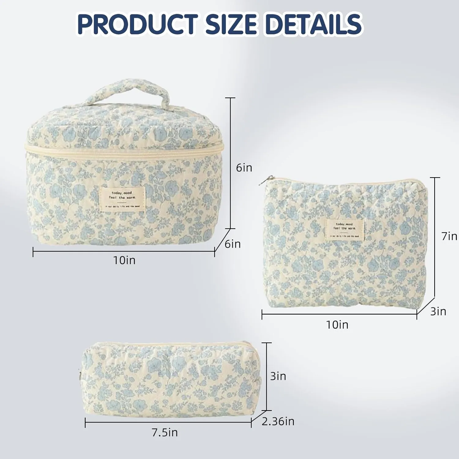 Quilted Floral Makeup Bag 3PCS, Cute Cotton Coquette Aesthetic Travel Toiletry Bag, Zipper Cosmetic Pouch, Daily Travel Use Skincare Bag, Large Capacity (Sapphire Bloom)