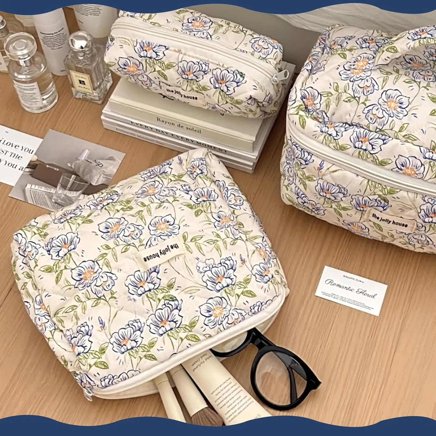 Quilted Floral Makeup Bag 3PCS, Cute Cotton Coquette Aesthetic Travel Toiletry Bag, Zipper Cosmetic Pouch, Daily Travel Use Skincare Bag, Large Capacity (Sapphire Bloom)