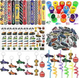 Race Car Party Favors Set - 110 pcs Race Car Birthday Party Supplies, Keychains, Slap Bracelet, Race Car Stickers, Race Car Straws, Stamps for Kids Racing Car Toy Gift, Boy Cars Birthday Decoration