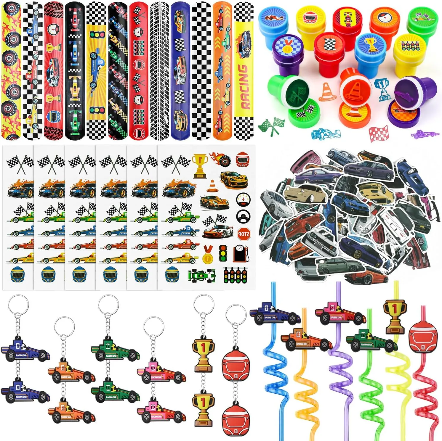 Race Car Party Favors Set - 110 pcs Race Car Birthday Party Supplies, Keychains, Slap Bracelet, Race Car Stickers, Race Car Straws, Stamps for Kids Racing Car Toy Gift, Boy Cars Birthday Decoration
