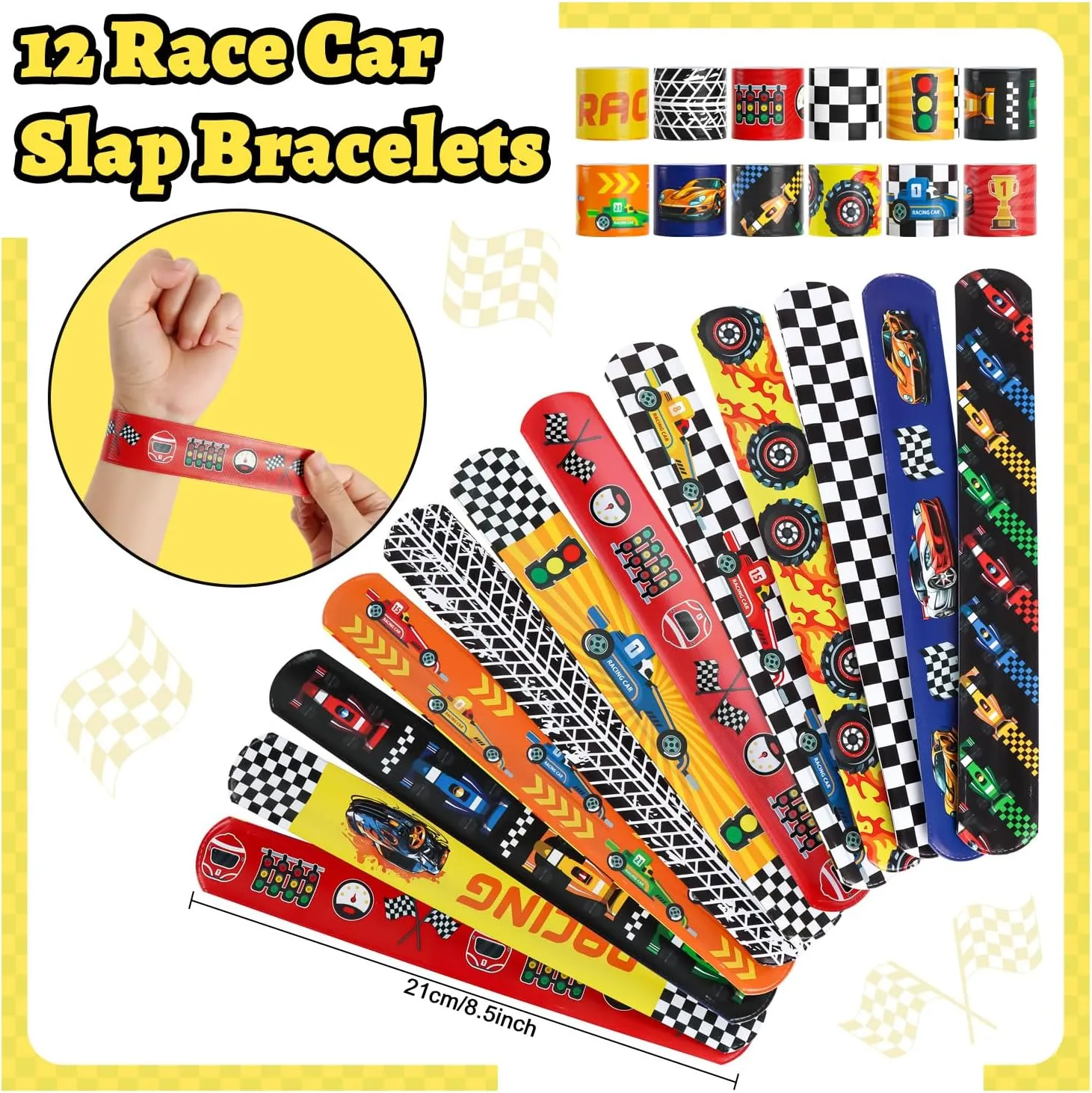 Race Car Party Favors Set - 110 pcs Race Car Birthday Party Supplies, Keychains, Slap Bracelet, Race Car Stickers, Race Car Straws, Stamps for Kids Racing Car Toy Gift, Boy Cars Birthday Decoration