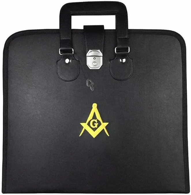 RAMNA Masonic Master Mason Apron Case - Blue Lodge - Square Compass Embroidery - Soft Black Leather - 16 * 18 Inch