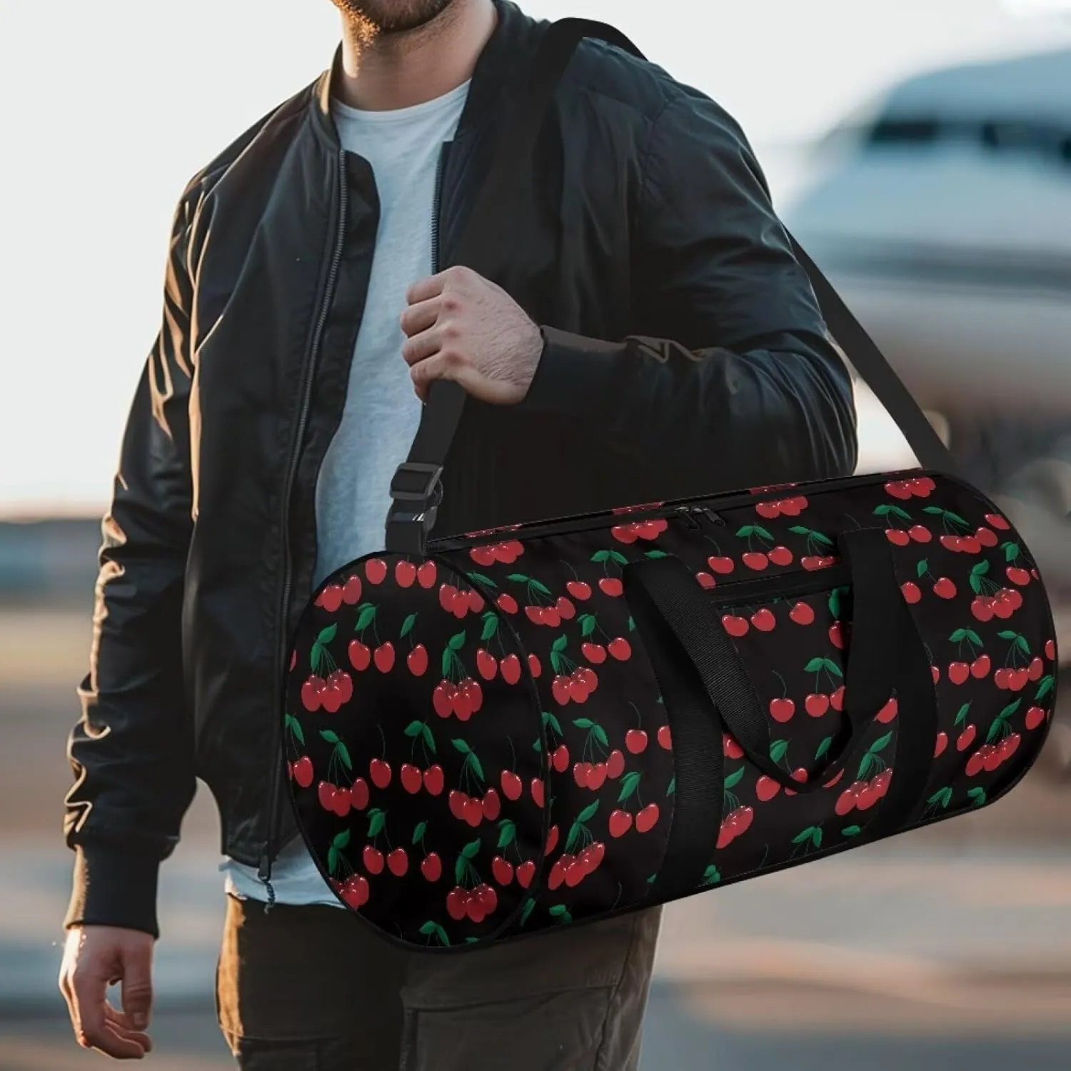 Rchsmod Black Cherry Print Duffel Bag for Women Gym Bag Waterproof Weekender Bag with Adjustable Shoulder Strap Lightweight Sports Gym Bag with Inner Pocket for Basketball Baseball Soccer