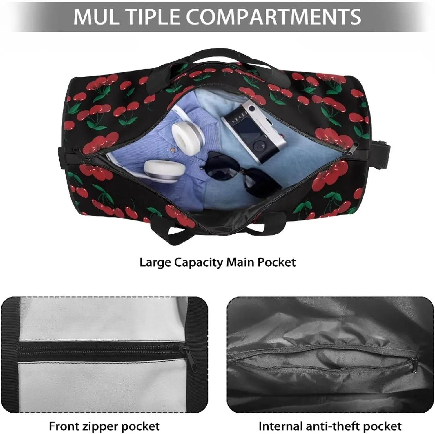 Rchsmod Black Cherry Print Duffel Bag for Women Gym Bag Waterproof Weekender Bag with Adjustable Shoulder Strap Lightweight Sports Gym Bag with Inner Pocket for Basketball Baseball Soccer