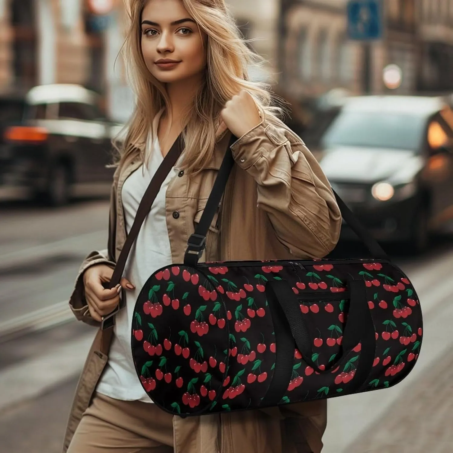 Rchsmod Black Cherry Print Duffel Bag for Women Gym Bag Waterproof Weekender Bag with Adjustable Shoulder Strap Lightweight Sports Gym Bag with Inner Pocket for Basketball Baseball Soccer