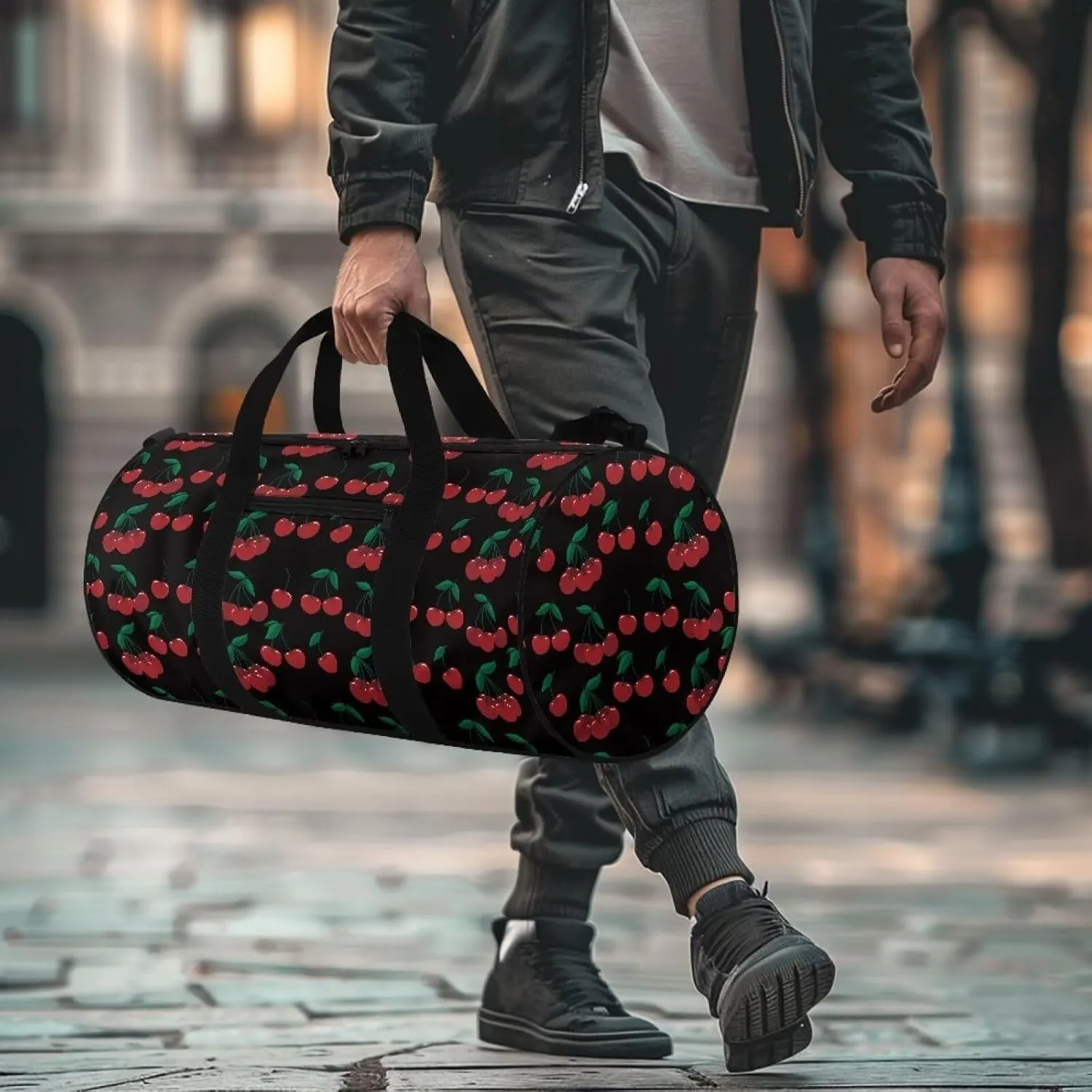 Rchsmod Black Cherry Print Duffel Bag for Women Gym Bag Waterproof Weekender Bag with Adjustable Shoulder Strap Lightweight Sports Gym Bag with Inner Pocket for Basketball Baseball Soccer