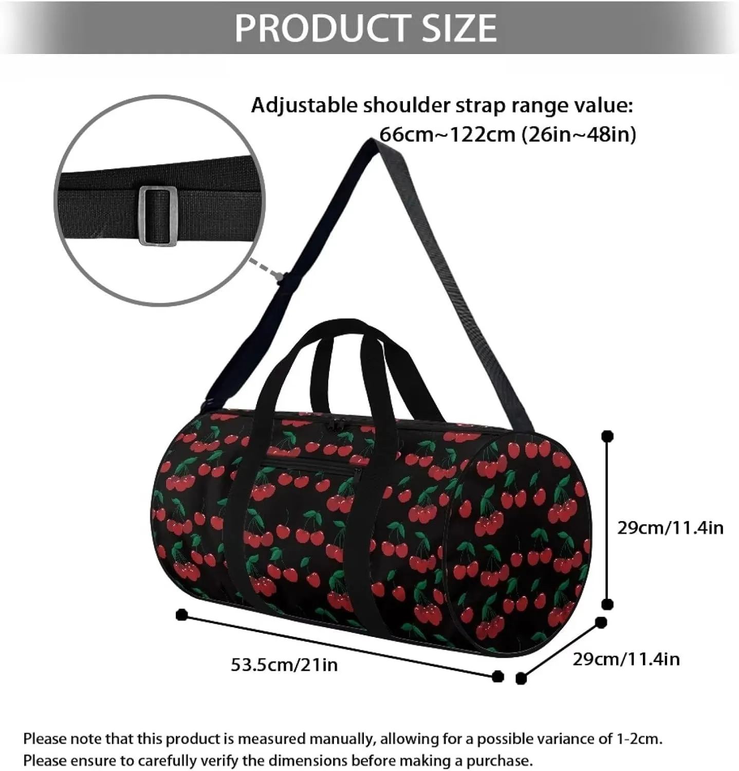 Rchsmod Black Cherry Print Duffel Bag for Women Gym Bag Waterproof Weekender Bag with Adjustable Shoulder Strap Lightweight Sports Gym Bag with Inner Pocket for Basketball Baseball Soccer