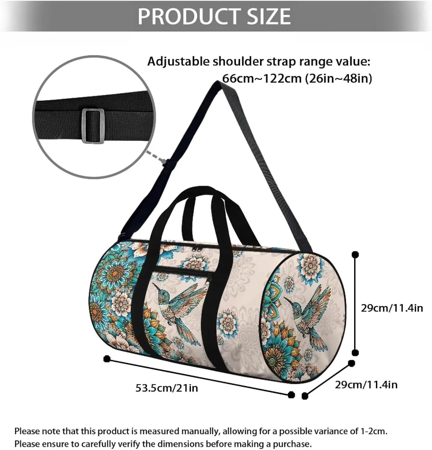Rchsmod Boho Mandala Hummingbird Print Duffel Bag for Women Men Gym Duffel Bag Carry On Luggage Collapsible Sports Gym Bag Waterproof Overnight Crossbody Bag with Inner Pocket for Yoga Beach Workout