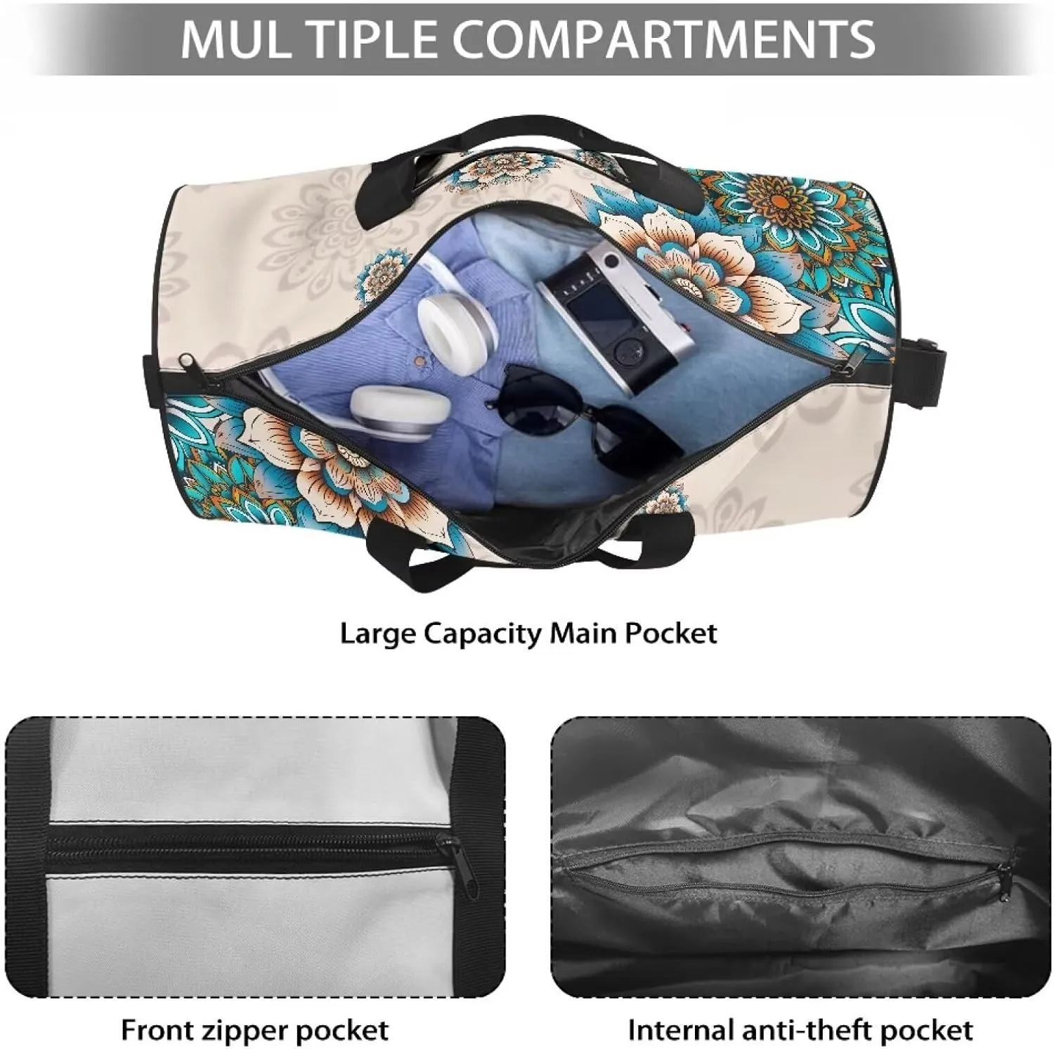 Rchsmod Boho Mandala Hummingbird Print Duffel Bag for Women Men Gym Duffel Bag Carry On Luggage Collapsible Sports Gym Bag Waterproof Overnight Crossbody Bag with Inner Pocket for Yoga Beach Workout