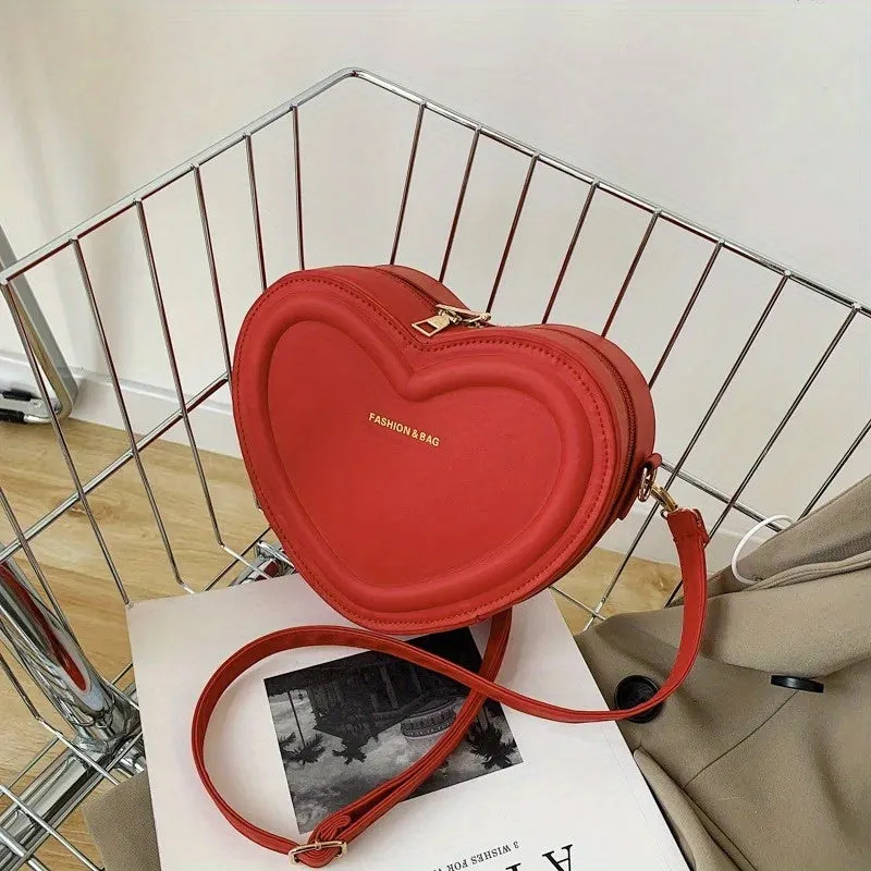realaiot  Heart Shaped Crossbody Bag, Trendy Mini Shoulder Bag, Women's PU Leather Love Purse