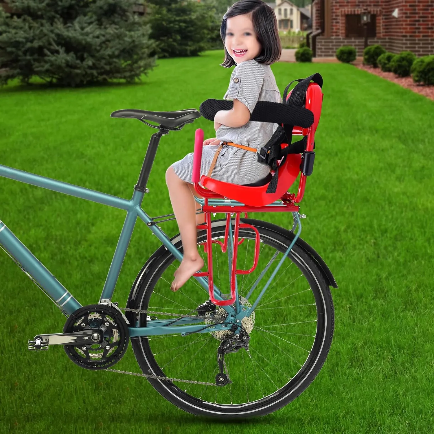 Rear Child Bike Seat, Back Mount Child Bike Seat Attachment for Adult Bike with Thick Backrest, Safety Belt, Footrest Brackets for Children 2~6 Years