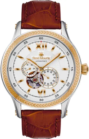 René Mouris Corona Automatic Watches for Men - 44MM 316L Stainless Steel Semi Skeleton Watch - Sapphire Coated Mineral Crystal - 100M Waterproof Wrist Watches with Leather Strap.