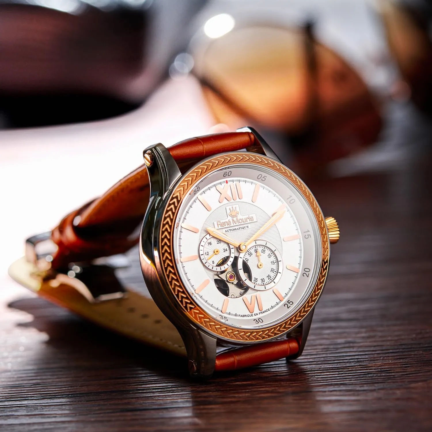 René Mouris Corona Automatic Watches for Men - 44MM 316L Stainless Steel Semi Skeleton Watch - Sapphire Coated Mineral Crystal - 100M Waterproof Wrist Watches with Leather Strap.