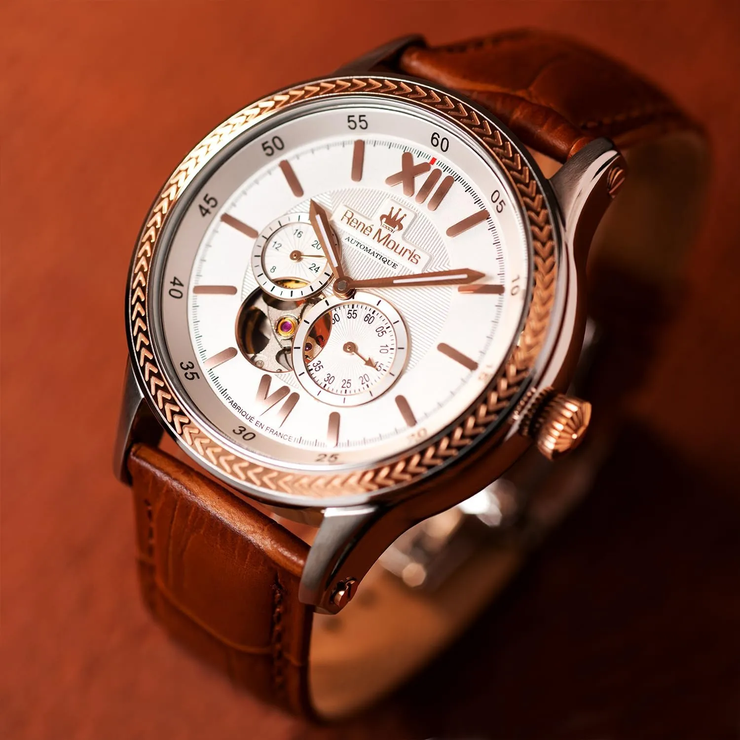 René Mouris Corona Automatic Watches for Men - 44MM 316L Stainless Steel Semi Skeleton Watch - Sapphire Coated Mineral Crystal - 100M Waterproof Wrist Watches with Leather Strap.