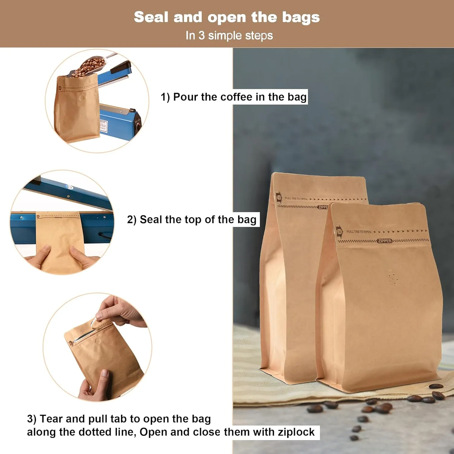 Resealable Side Zipper Coffee Bags with Degassing Valve, High Barrier Natural Kraft Coffee Pouches with Aluminum Foil Liner, Ziplock Food Storage Bags, Longer Shelf Life (100, 16oz/1lb)
