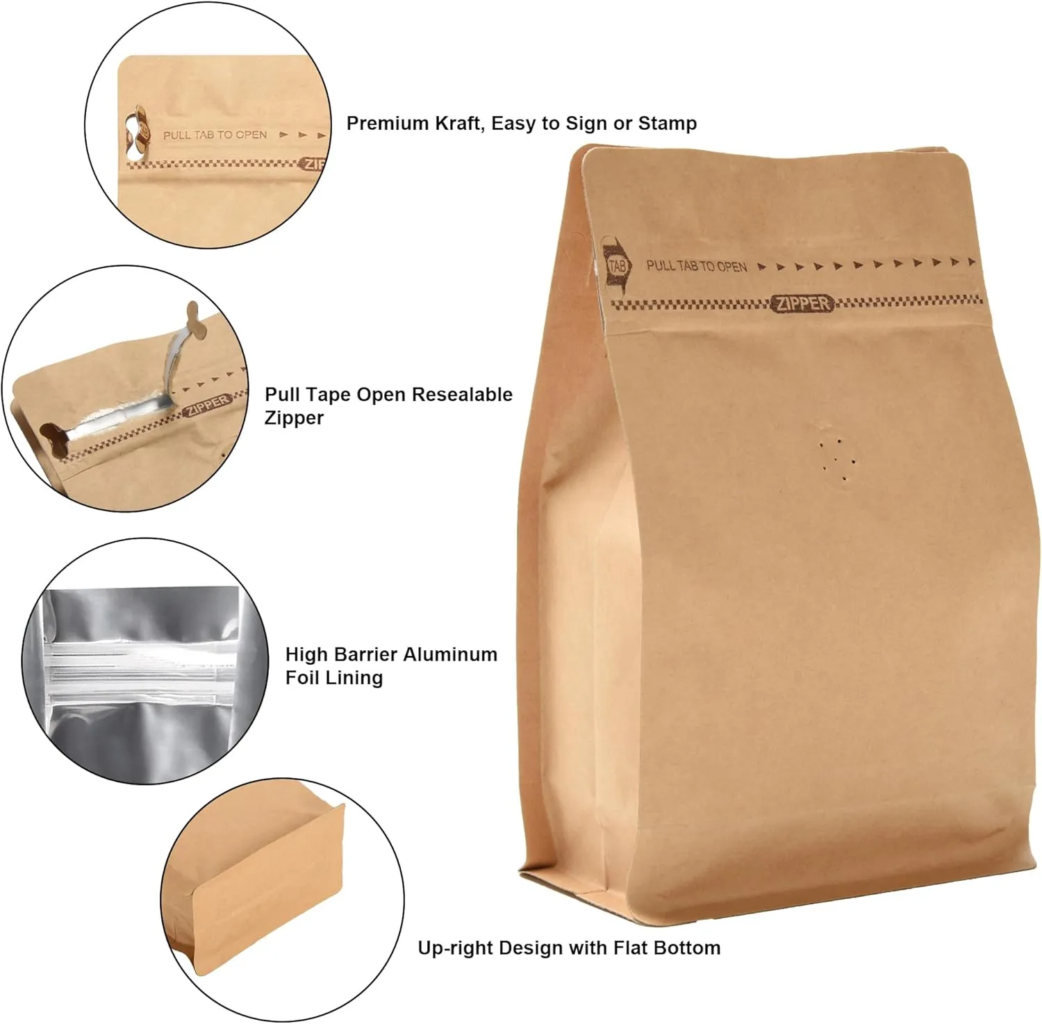 Resealable Side Zipper Coffee Bags with Degassing Valve, High Barrier Natural Kraft Coffee Pouches with Aluminum Foil Liner, Ziplock Food Storage Bags, Longer Shelf Life (100, 16oz/1lb)